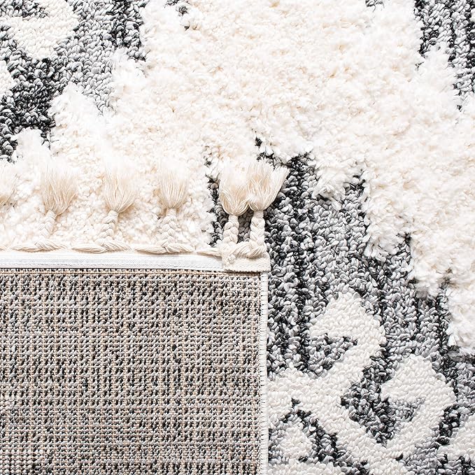 SAFAVIEH Moroccan Tassel Shag Collection Area Rug - 5'3" x 7'6", Ivory & Grey, Boho Design, Non-Shedding & Easy Care, 2-inch Thick Ideal for High Traffic Areas in Living Room, Bedroom (MTS652F)