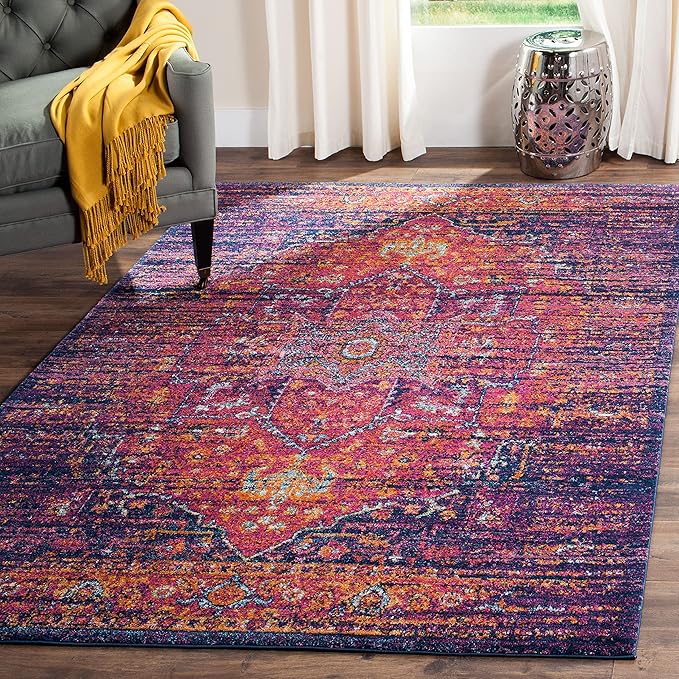 SAFAVIEH Evoke Collection Area Rug - 6'7" x 9', Blue & Fuchsia, Oriental Medallion Distressed Design, Non-Shedding & Easy Care, Ideal for High Traffic Areas in Living Room, Bedroom (EVK275F)