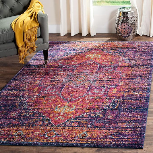 SAFAVIEH Evoke Collection Area Rug - 6'7" x 9', Blue & Fuchsia, Oriental Medallion Distressed Design, Non-Shedding & Easy Care, Ideal for High Traffic Areas in Living Room, Bedroom (EVK275F)