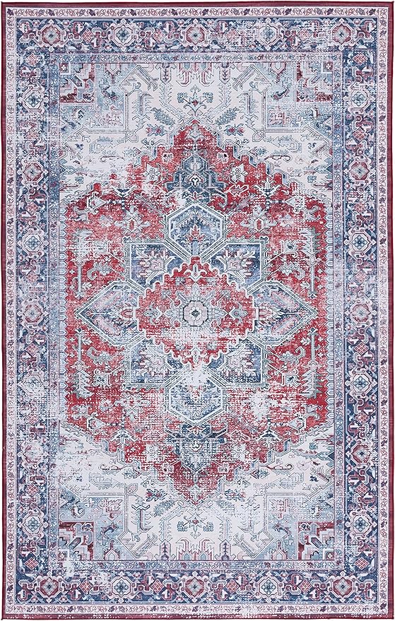 SAFAVIEH Washable Rug Tucson Collection - 6' x 9', Red & Navy, Slip Resistant & Easy to Clean, Ideal for Living Room, Bedroom, Dining Space (TSN101S)