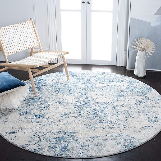 SAFAVIEH Brentwood Collection 8' Round Ivory/Navy BNT822B Modern Abstract Non-Shedding Area Rug