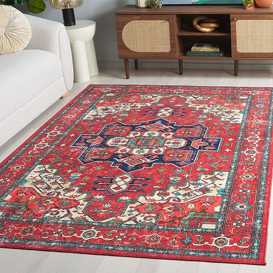 SAFAVIEH Washable Rug Orlando Collection - 4' x 6', Red & Beige, Non-Shedding & Easy to Clean, Ideal for Foyer, Kitchen, Nursery, Office, Bedroom (ORL758Q)