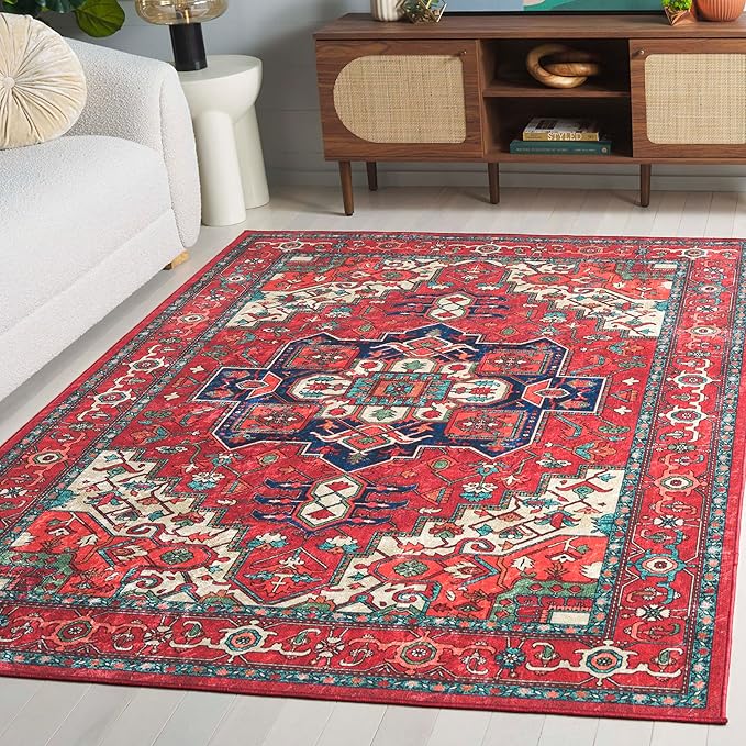 SAFAVIEH Washable Rug Orlando Collection - 7' Square, Red & Beige, Non-Shedding & Easy to Clean, Ideal for Living Room, Bedroom, Dining Space (ORL758Q)