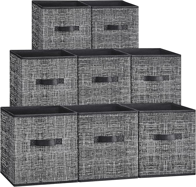 SONGMICS Storage Cubes, 10.2 x 10.2 x 11 Inches Non-Woven Fabric Bins with Double Handles, Set of 8, Closet Organizers for Shelves, Foldable, for Clothes, Ink Black UROB826B01