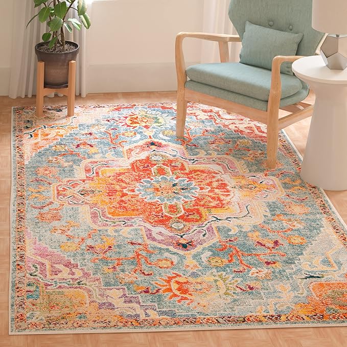 SAFAVIEH Crystal Collection Area Rug - 6'7" x 9'2", Orange & Teal, Medallion Distressed Design, Non-Shedding & Easy Care, Ideal for High Traffic Areas in Living Room, Bedroom (CRS501K)