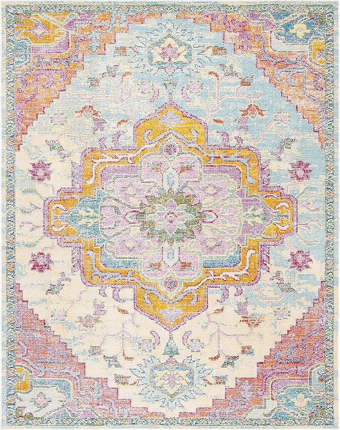 SAFAVIEH Crystal Collection X-Large Area Rug - 11' x 16', Light Blue & Fuchsia, Medallion Distressed Design, Non-Shedding & Easy Care, Ideal for High Traffic Areas in Living Room, Bedroom (CRS501B)
