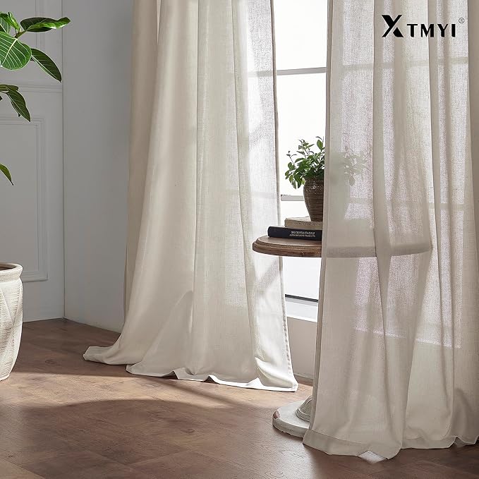 Rod Pocket Curtains for Traverse Rod with Hooks or Tap Tie Top with Clip Rings,Linen Back Tab Boho Sheer Country Curtain Draperies for Bedroom Living Room Dining,Warm Grey Greyish Beige,90 Inch Long