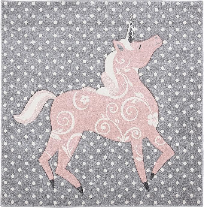 Carousel Kids Collection Area Rug - 5'3" Square, Grey & Ivory & Pink, Non-Shedding & Easy Care, Ideal for High Traffic Areas for Boys & Girls in Playroom, Nursery, Bedroom (CRK163G)
