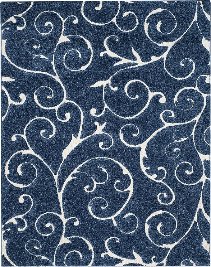 SAFAVIEH Area Rug 9x12 - Florida Shag Collection - Large - Dark Blue & Cream, Scroll Design, Non-Shedding & Easy to Clean, High-Low Plush Pile, Ideal for Living Room, Bedroom, Dining (SG455-6511)