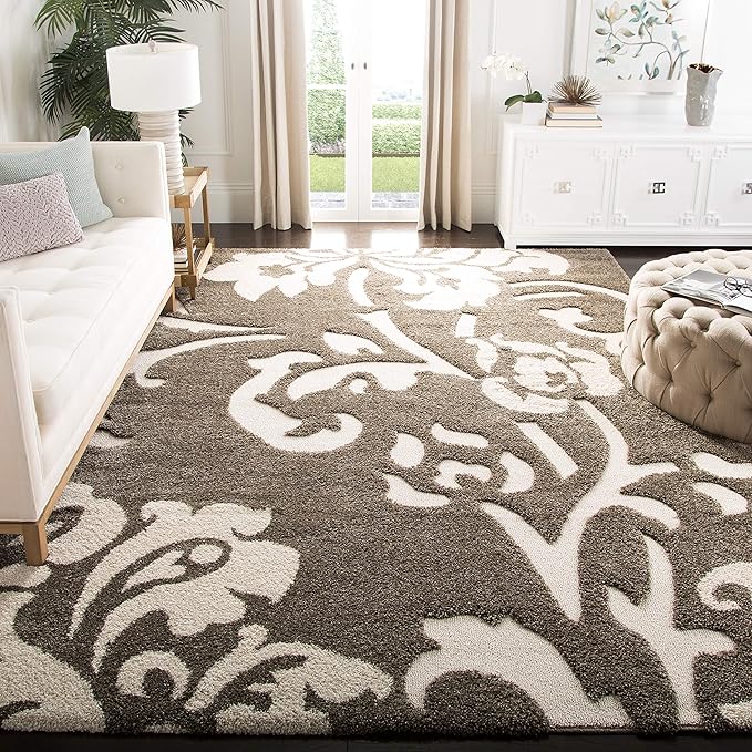 SAFAVIEH Florida Shag Collection Area Rug - 8'6" x 12', Smoke & Beige, Floral Design, Non-Shedding & Easy Care, 1.2-inch Thick Ideal for High Traffic Areas in Living Room, Bedroom (SG458-7913)