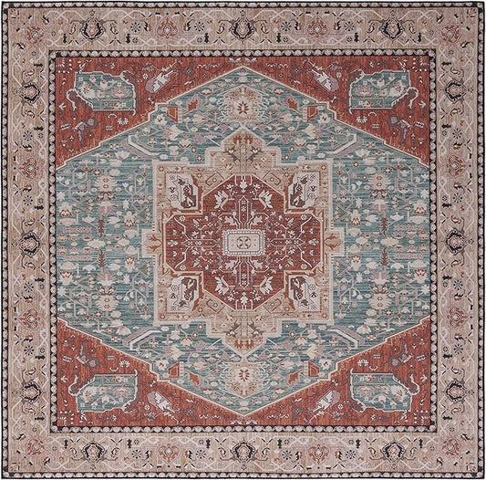 SAFAVIEH Washable Rug Tucson Collection - 8' Square, Aqua & Rust, Slip Resistant & Easy to Clean, Ideal for Living Room, Bedroom, Dining Space (TSN150J)