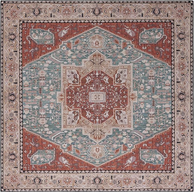 SAFAVIEH Washable Rug Tucson Collection - 6' Square, Aqua & Rust, Slip Resistant & Easy to Clean, Ideal for Living Room, Bedroom, Dining Space (TSN150J)