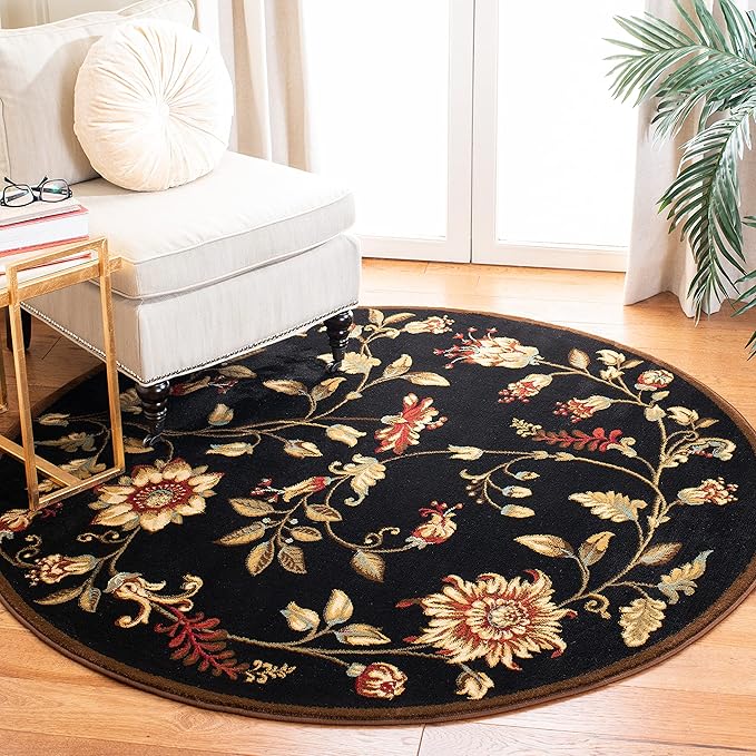 SAFAVIEH Lyndhurst Collection Area Rug - 5'3" Round, Black & Multi, Traditional Floral Design, Non-Shedding & Easy Care, Ideal for High Traffic Areas in Living Room, Bedroom (LNH552-9091)