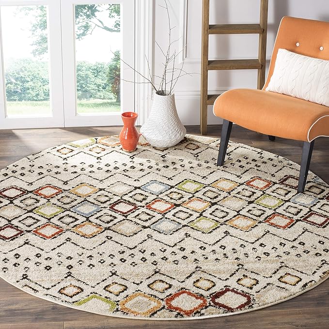 SAFAVIEH Amsterdam Collection 8' Round Ivory/Multi AMS108K Moroccan Boho Non-Shedding Living Room Bedroom Area Rug