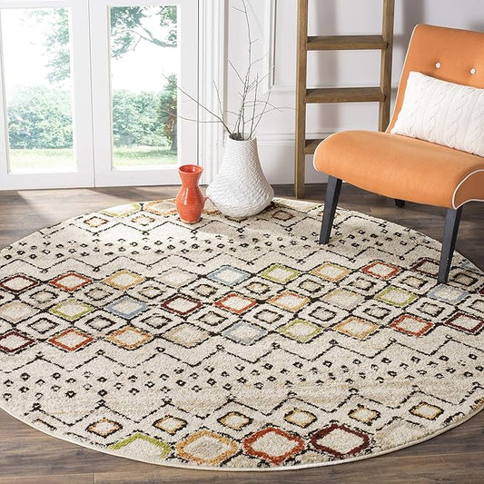 SAFAVIEH Amsterdam Collection 8' Round Ivory/Multi AMS108K Moroccan Boho Non-Shedding Living Room Bedroom Area Rug