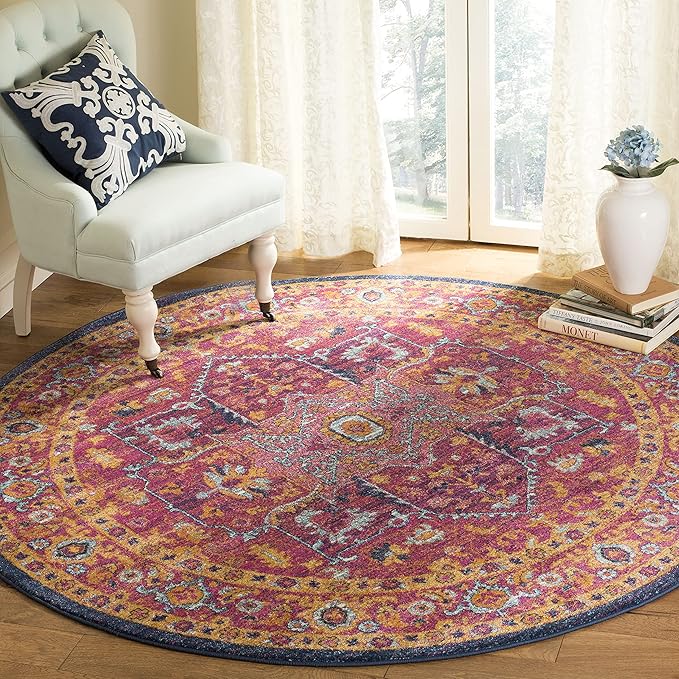 SAFAVIEH Evoke Collection 6'7" Round Fuchsia / Orange EVK275S Oriental Medallion Distressed Non-Shedding Dining Room Entryway Foyer Living Room Bedroom Area Rug