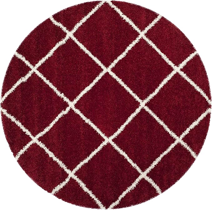 SAFAVIEH Hudson Shag Collection Area Rug - 5' Round, Red & Ivory, Modern Diamond Trellis Design, Non-Shedding & Easy Care, 2-inch Thick Ideal for High Traffic Areas in Living Room, Bedroom (SGH281R)