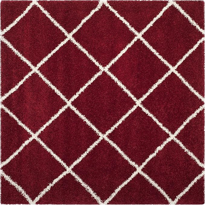 SAFAVIEH Hudson Shag Collection 3' Square Red / Ivory SGH281R Modern Diamond Trellis Non-Shedding Living Room Bedroom Dining Room Entryway Plush 2-inch Thick Area Rug