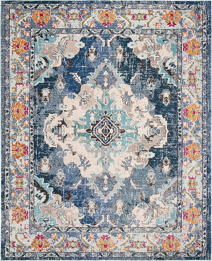 SAFAVIEH Monaco Collection Area Rug - 9' x 12', Navy & Light Blue, Non-Shedding & Easy to Clean, Distressed Medallion Design, Ideal for Living Room, Bedroom, Dining Space (MNC243N)