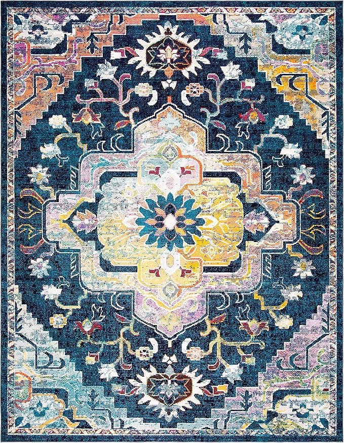 SAFAVIEH Crystal Collection Area Rug - 9' x 12', Navy & Fuchsia, Medallion Distressed Design, Non-Shedding & Easy Care, Ideal for High Traffic Areas in Living Room, Bedroom (CRS501H)