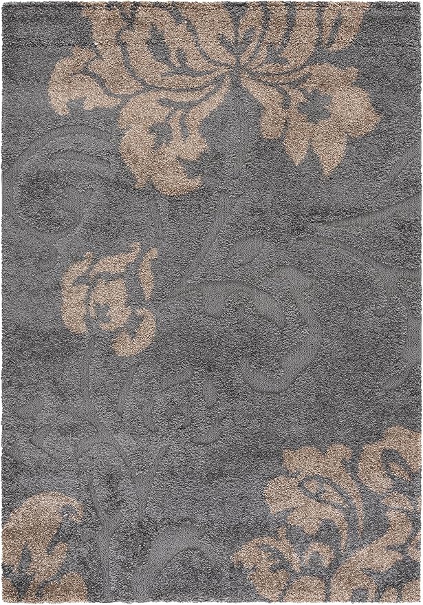 SAFAVIEH Florida Shag Collection Area Rug - 6' x 9', Grey & Beige, Floral Design, Non-Shedding & Easy Care, 1.2-inch Thick Ideal for High Traffic Areas in Living Room, Bedroom (SG458-8013)