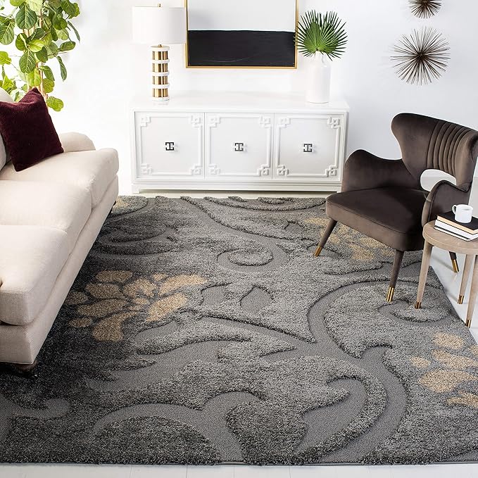 SAFAVIEH Area Rug 8x10 - Florida Shag Collection - Large - Grey & Beige, Floral Design, Non-Shedding & Easy Cleaning, Plush Thick Pile, Ideal for Living Room, Bedroom, Dining Space (SG464013)