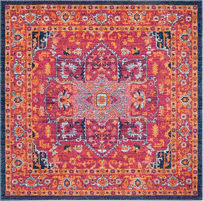 SAFAVIEH Evoke Collection Area Rug - 5'3" Square, Fuchsia & Orange, Oriental Medallion Distressed Design, Non-Shedding & Easy Care, Ideal for High Traffic Areas in Living Room, Bedroom (EVK275S)
