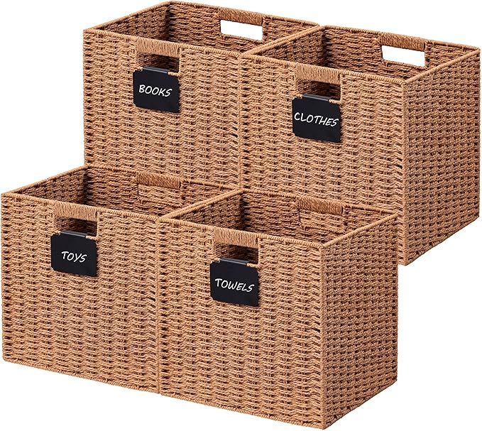 UBBCARE 4 Pack Wicker Basket, 10.5×10.5 Storage Cubes with Label, Foldable Cube Storage Bin with Handle, Square Storage Basket for Shelves, Woven Paper Rope Basket for Organizing, Caramel