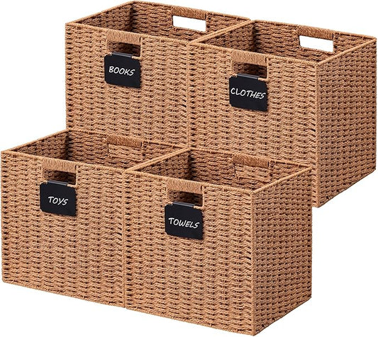 UBBCARE 4 Pack Wicker Basket, 10.5×10.5 Storage Cubes with Label, Foldable Cube Storage Bin with Handle, Square Storage Basket for Shelves, Woven Paper Rope Basket for Organizing, Caramel