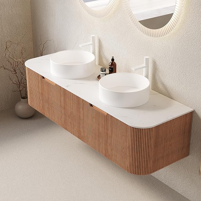 KEIKI 60" Wall-Mounted Floating Vanity, Modern Bathroom Vanity with Sinks and 3D Striped Drawer Fronts, 2 White Ceramic Vessel Basins, Pre-Assembled Storage Cabinet for Bathroom, Natural Wood