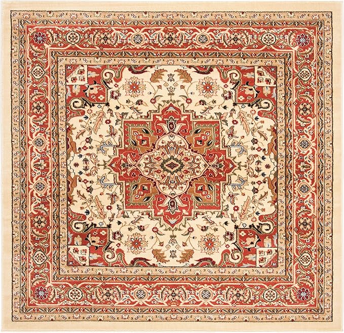 SAFAVIEH Lyndhurst Collection Area Rug - 6' Square, Ivory & Rust, Traditional Oriental Design, Non-Shedding & Easy Care, Ideal for High Traffic Areas in Living Room, Bedroom (LNH330R)