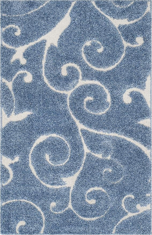 SAFAVIEH Florida Shag Collection Accent Rug - 2'3" x 5', Light Blue & Cream, Scroll Design, Non-Shedding & Easy Care, High-Low Plush Pile, Ideal for Bedroom, Foyer, Hallway (SG455-6011)