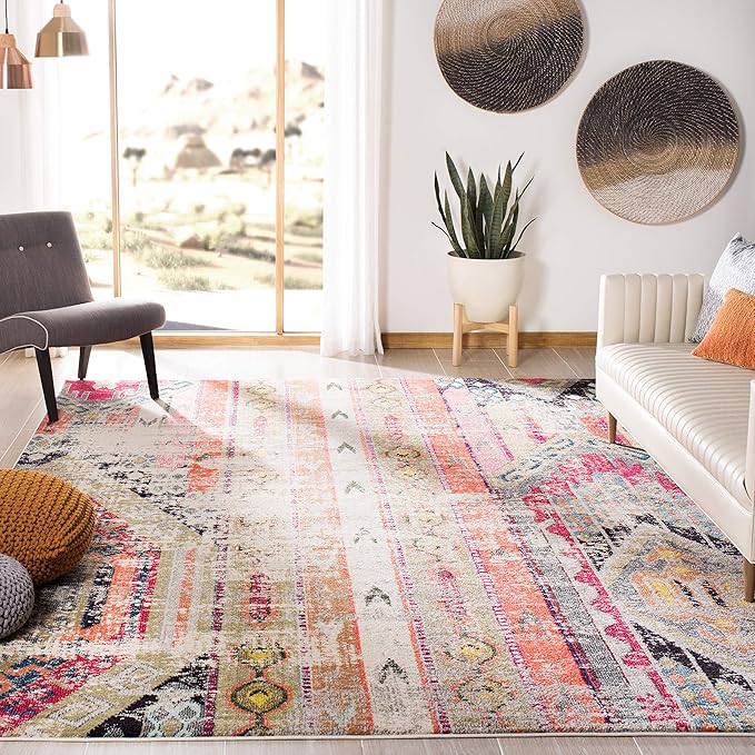 SAFAVIEH Monaco Collection Area Rug - 9' x 12', Light Grey & Multi, Boho Chic Tribal Distressed Design, Non-Shedding & Easy Care, Ideal for High Traffic Areas in Living Room, Bedroom (MNC222G)