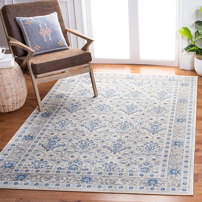 SAFAVIEH Brentwood Collection 3' x 5' Ivory/Blue BNT870A Oriental Damask Trellis Non-Shedding Living Room Bedroom Accent Rug
