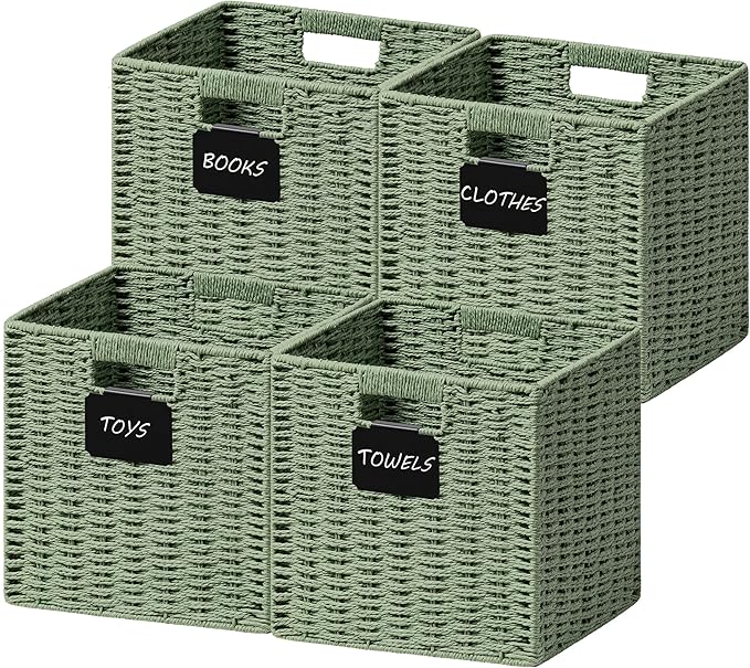 UBBCARE 4 Pack Wicker Basket, 12×12 Storage Cubes with Label, Foldable Cube Storage Bin with Handle, Square Storage Basket for Shelves, Woven Paper Rope Basket for Organizing, Dark Green