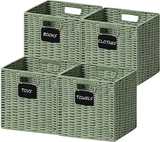 UBBCARE 4 Pack Wicker Basket, 12×12 Storage Cubes with Label, Foldable Cube Storage Bin with Handle, Square Storage Basket for Shelves, Woven Paper Rope Basket for Organizing, Dark Green