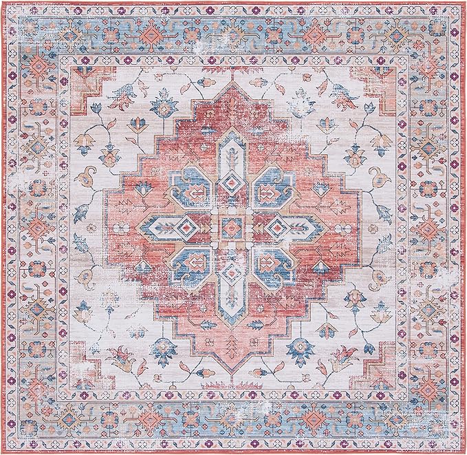SAFAVIEH Washable Rug Tucson Collection - 6' Square, Beige & Blue, Slip Resistant & Easy to Clean, Ideal for Living Room, Bedroom, Dining Space (TSN109B)