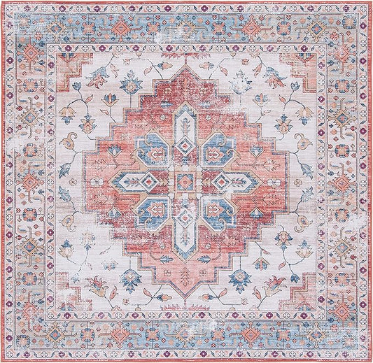 SAFAVIEH Washable Rug Tucson Collection - 6' Square, Beige & Blue, Slip Resistant & Easy to Clean, Ideal for Living Room, Bedroom, Dining Space (TSN109B)
