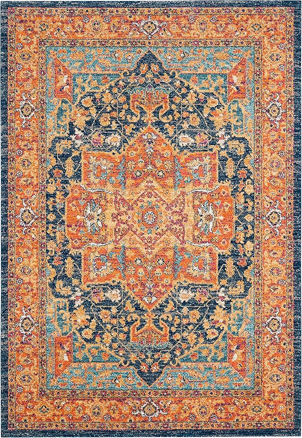SAFAVIEH Evoke Collection 4' x 6' Blue/Orange EVK275C Oriental Medallion Distressed Non-Shedding Living Room Bedroom Accent Rug