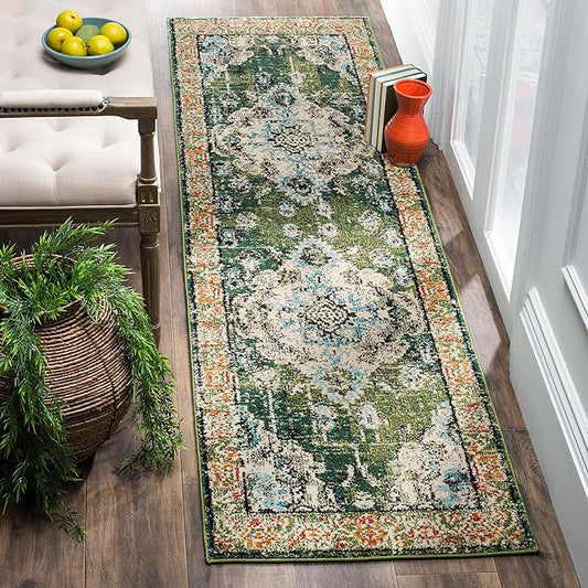 SAFAVIEH Monaco Collection Runner Rug - 2'2" x 16', Forest Green & Light Blue, Non-Shedding & Easy to Clean, Distressed Medallion Design, Ideal for Hallway, Foyer, Entryway, Kitchen, Bedroom (MNC243F)