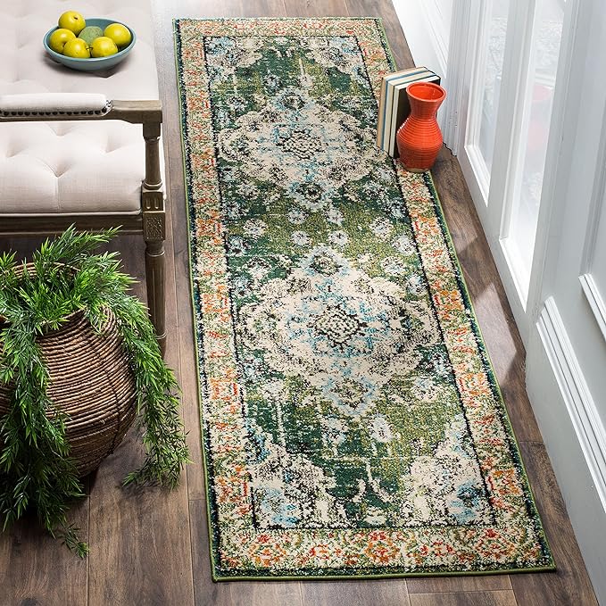 SAFAVIEH Monaco Collection Runner Rug - 2'2" x 8', Forest Green & Light Blue, Non-Shedding & Easy to Clean, Distressed Medallion Design, Ideal for Hallway, Foyer, Entryway, Kitchen, Bedroom (MNC243F)