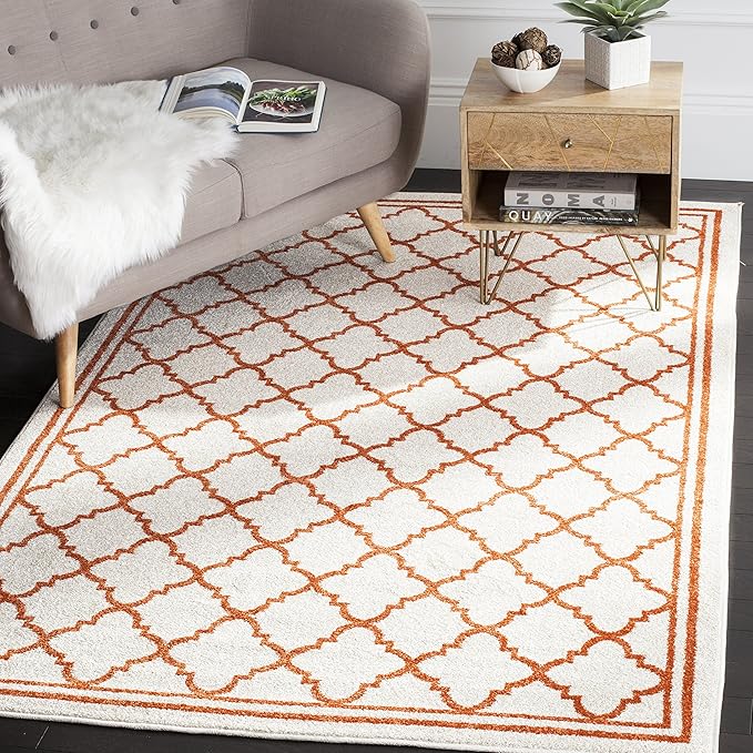 SAFAVIEH Area Rug 8x10 - Amherst Collection - Large - Beige & Orange, Moroccan Trellis Pattern, Non-Shedding & Easy Cleaning, Ideal for Living Room, Bedroom, Office, Dining Space (AMT422F)
