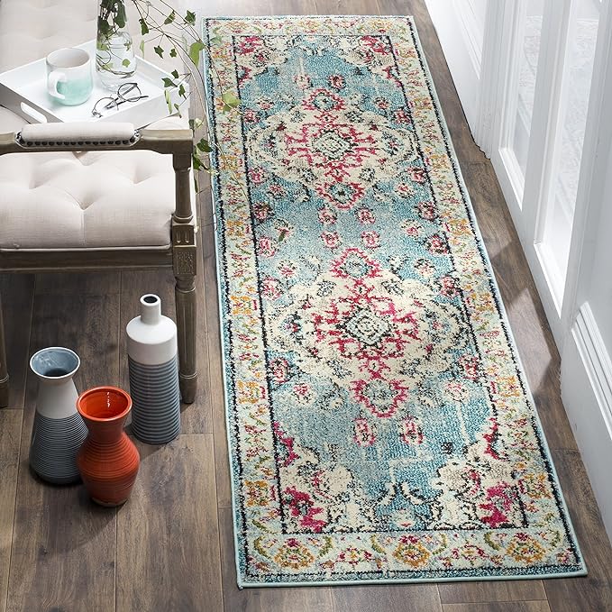 SAFAVIEH Monaco Collection Runner Rug - 2'2" x 16', Light Blue & Fuchsia, Non-Shedding & Easy to Clean, Distressed Medallion Design, Ideal for Hallway, Foyer, Entryway, Kitchen, Bedroom (MNC243J)
