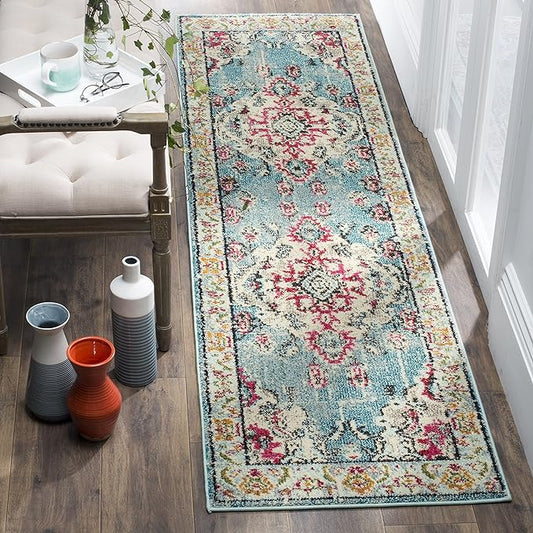 SAFAVIEH Monaco Collection Runner Rug - 2'2" x 16', Light Blue & Fuchsia, Non-Shedding & Easy to Clean, Distressed Medallion Design, Ideal for Hallway, Foyer, Entryway, Kitchen, Bedroom (MNC243J)