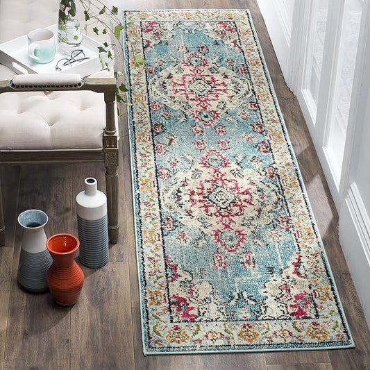 SAFAVIEH Monaco Collection Runner Rug - 2'2" x 8', Light Blue & Fuchsia, Non-Shedding & Easy to Clean, Distressed Medallion Design, Ideal for Living Room, Bedroom, Dining Space (MNC243J)