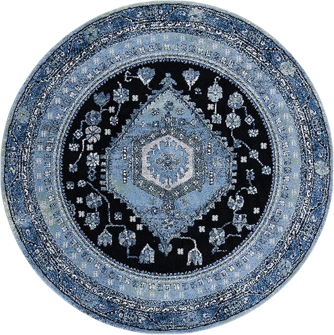 SAFAVIEH Vintage Hamadan Collection Area Rug - 6'7" Round, Light Blue & Black, Traditional Oriental Design, Non-Shedding & Easy Care, Ideal for High Traffic Areas in Living Room, Bedroom (VTH204J)