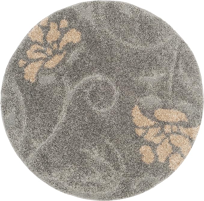 SAFAVIEH Florida Shag Collection Area Rug - 4' Round, Grey & Beige, Floral Design, Non-Shedding & Easy Care, 1.2-inch Thick Ideal for High Traffic Areas in Living Room, Bedroom (SG464-8013)
