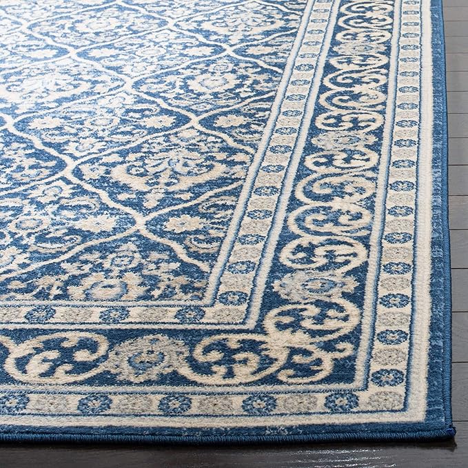SAFAVIEH Brentwood Collection 2' x 12' Navy / Light Grey BNT870M Oriental Damask Trellis Non-Shedding Living Room Bedroom Runner Rug
