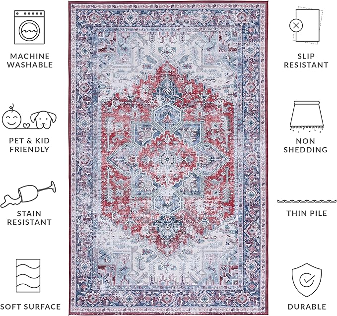 SAFAVIEH Washable Rug Tucson Collection - 6' x 9', Red & Navy, Slip Resistant & Easy to Clean, Ideal for Living Room, Bedroom, Dining Space (TSN101S)