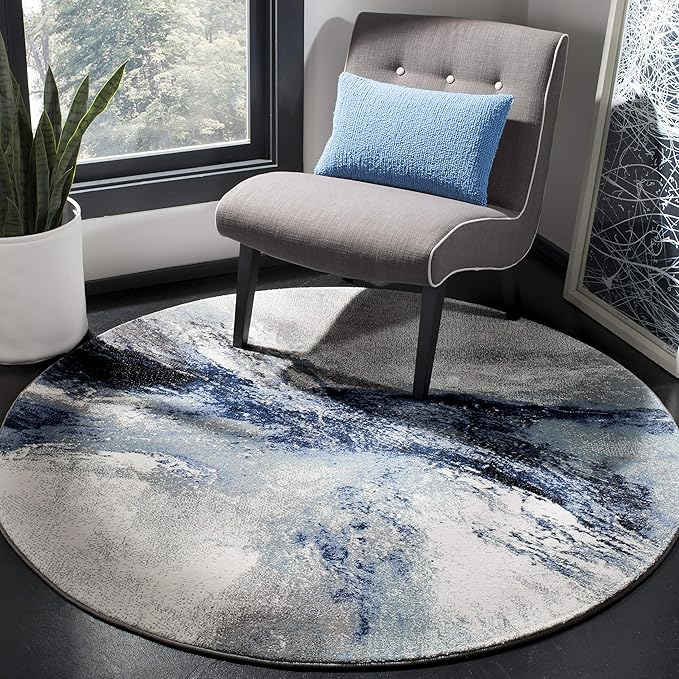 SAFAVIEH Galaxy Collection Area Rug - 5'3" Round, Blue & Grey, Modern Abstract Design, Non-Shedding & Easy Care, Ideal for High Traffic Areas in Living Room, Bedroom (GAL117M)